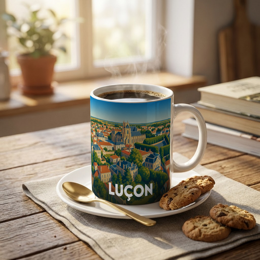 Mug souvenir de la ville de Luçon avec une illustration stylisée et colorée du paysage urbain.
