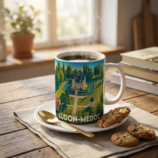 Mug souvenir de la ville de Ludon-Médoc illustré d'un château entouré de douves et d'un parc boisé.