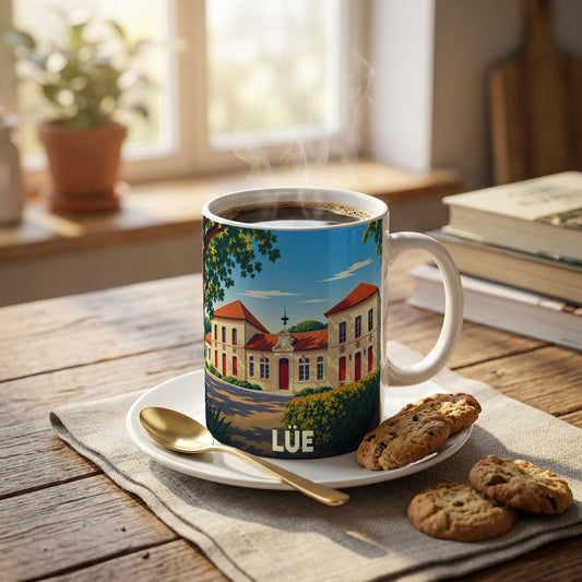 Mug souvenir de la ville de Lüe orné d'une illustration stylisée de sa mairie.