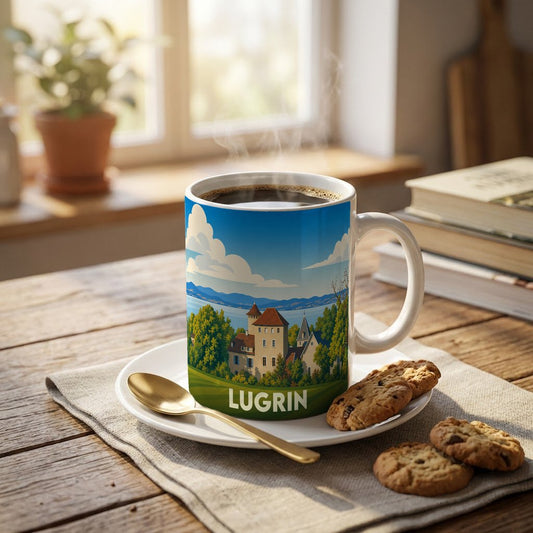 Mug souvenir de la ville de Lugrin avec une illustration stylisée représentant un château au bord de l'eau.