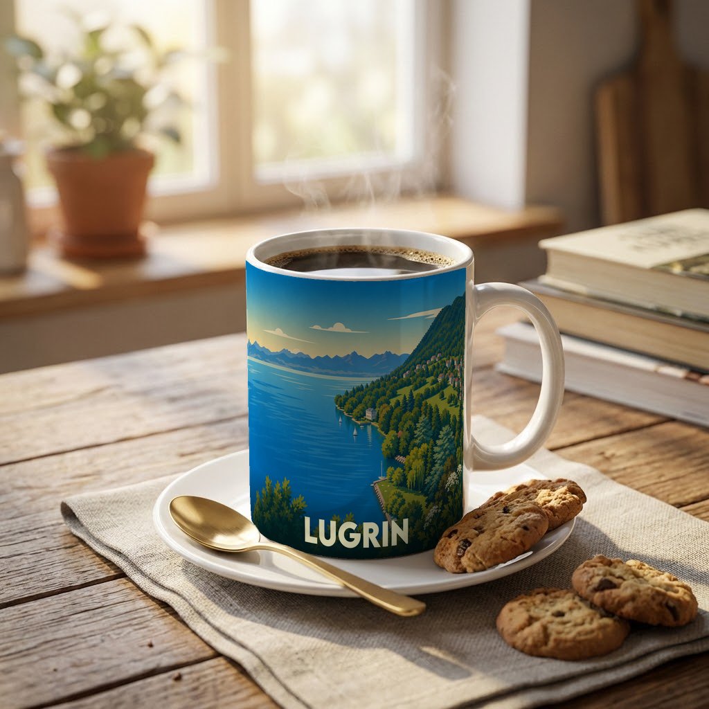 Mug souvenir de la ville de Lugrin avec une illustration stylisée des bords du lac Léman.