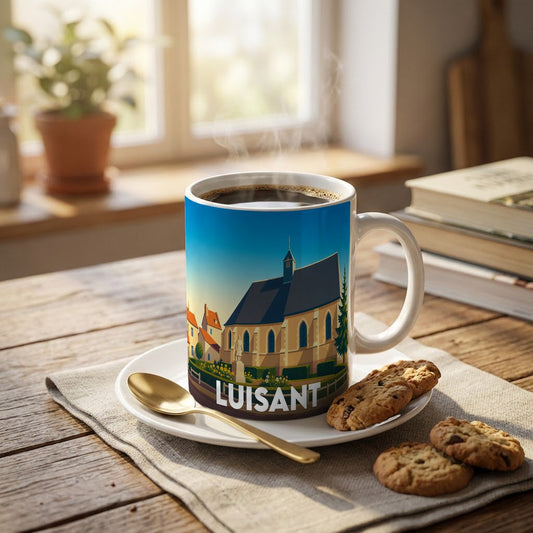 Mug souvenir de la ville de Luisant orné d'une illustration stylisée de son église.
