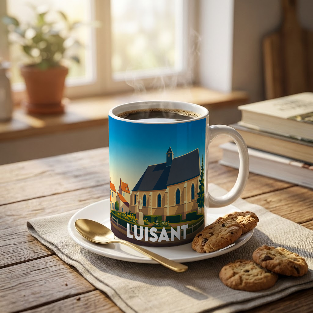 Mug souvenir de la ville de Luisant orné d'une illustration stylisée de son église.