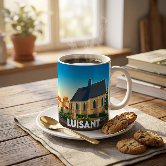 Mug souvenir de la ville de Luisant orné d'une illustration stylisée de son église.