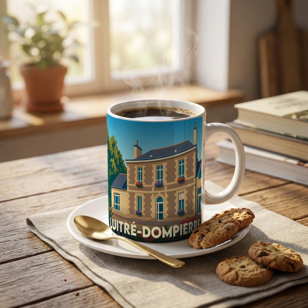 Mug souvenir de la ville de Luitré-Dompierre orné d'une illustration stylisée de sa mairie.