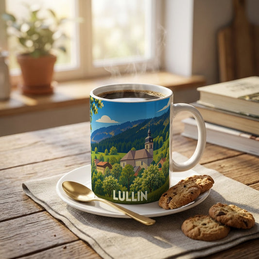 Mug souvenir de la ville de Lullin avec une illustration stylisée d'un paysage de montagne et d'un village.