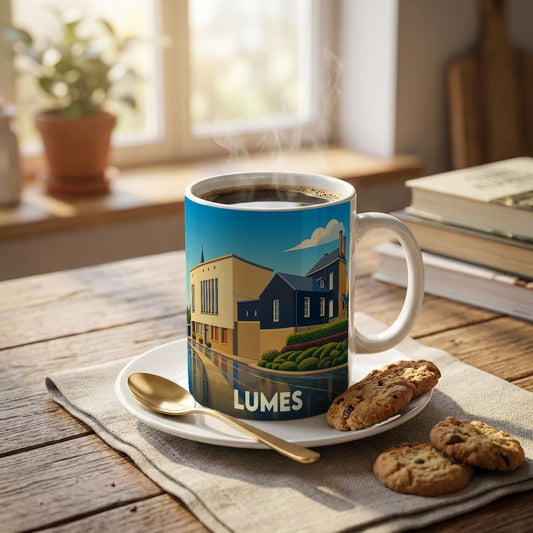 Mug souvenir de la ville de Lumes orné d'une illustration urbaine stylisée et colorée.