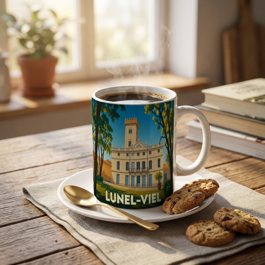 Mug souvenir de la ville de Lunel-Viel avec une illustration stylisée d'un château.