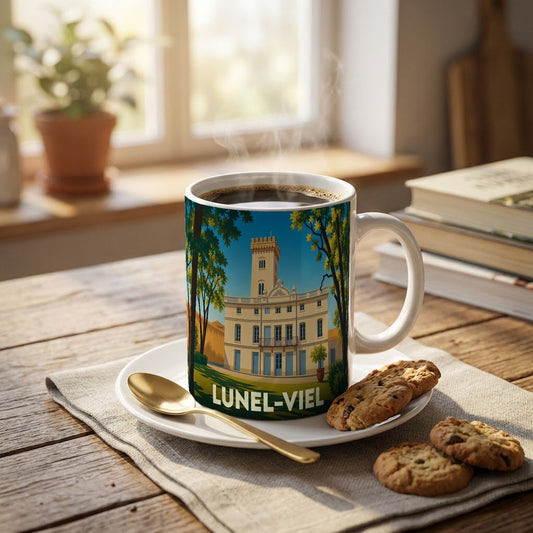Mug souvenir de la ville de Lunel-Viel avec une illustration stylisée d'un château.