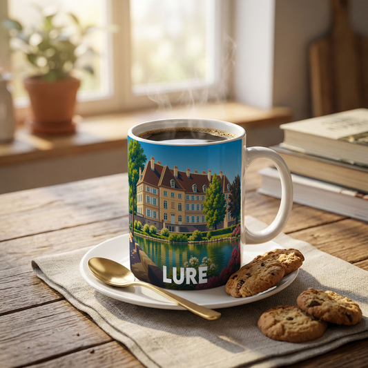 Mug souvenir de la ville de Lure avec une illustration stylisée d'un bâtiment historique au bord de l'eau.