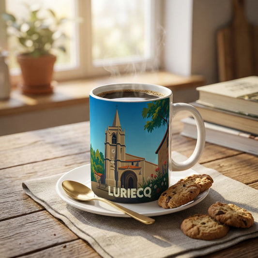 Mug souvenir de la ville de Luriecq avec une illustration stylisée de son église.