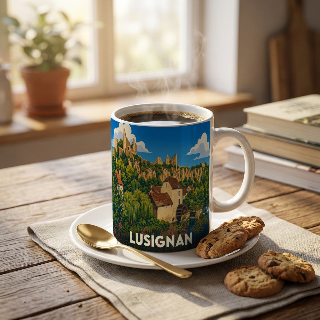 Mug souvenir de la ville de Lusignan orné d'une illustration stylisée de son patrimoine médiéval et de sa nature.