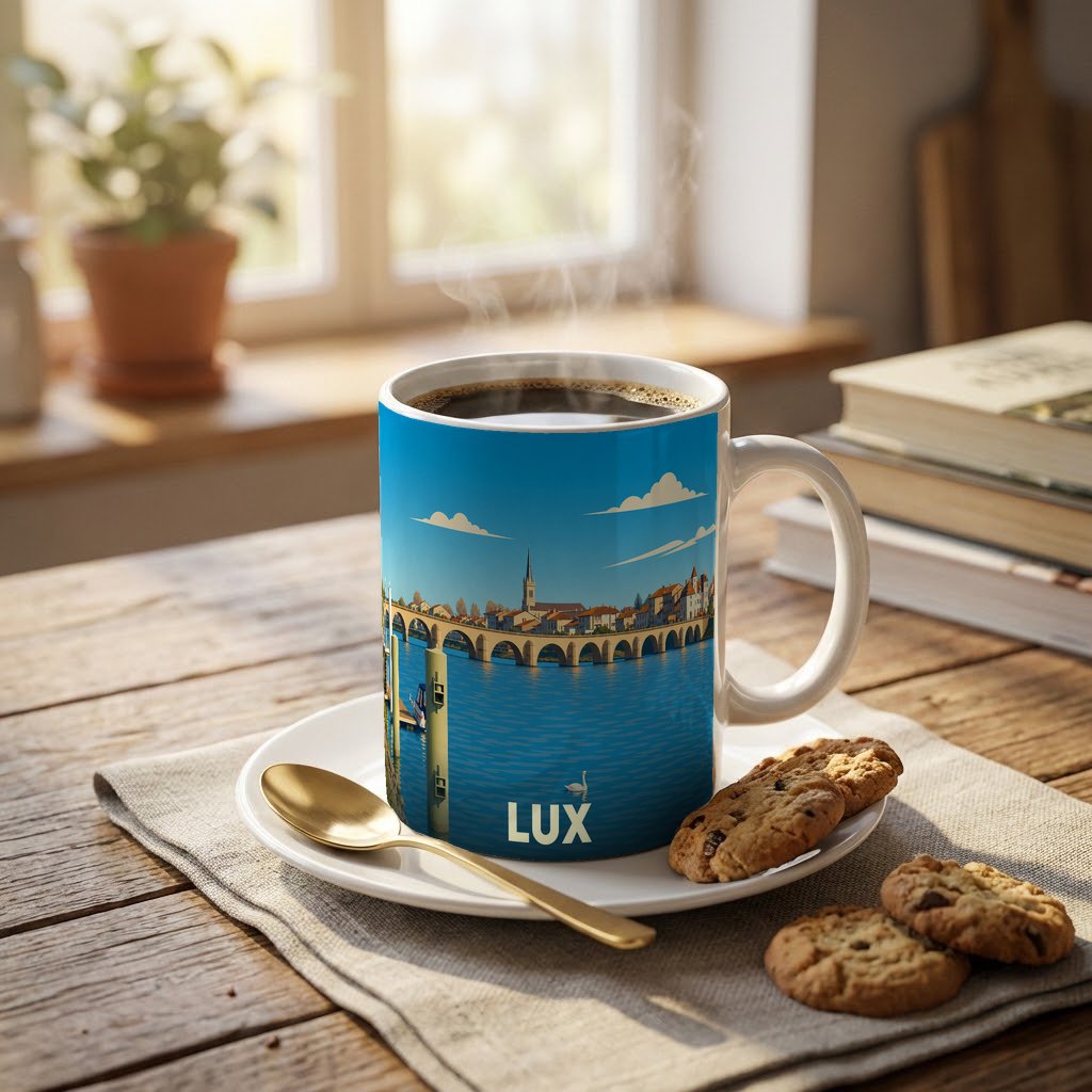 Mug souvenir de la ville de Lux orné d'une illustration stylisée de son pont et de ses monuments.