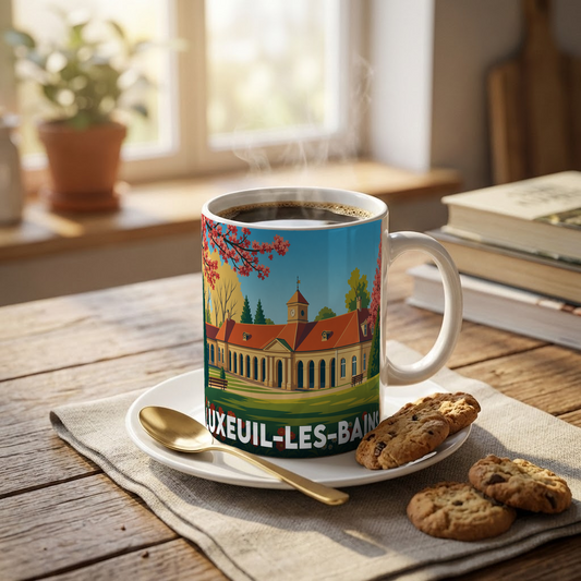 Mug souvenir de la ville de Luxeuil-les-Bains avec une illustration stylisée de ses thermes.