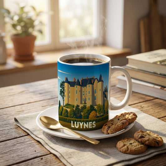 Mug souvenir de la ville de Luynes orné d'une illustration stylisée de son château médiéval.