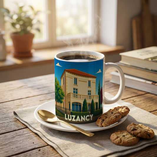 Mug souvenir de la ville de Luzancy avec une illustration stylisée d'une demeure bourgeoise.