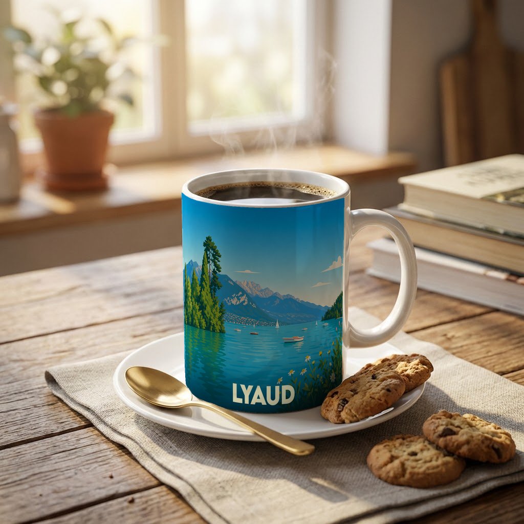 Mug souvenir de la ville de Lyaud avec une illustration stylisée de lac et de montagnes.