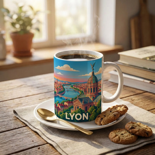Mug souvenir de la ville de Lyon avec une illustration stylisée du paysage urbain.