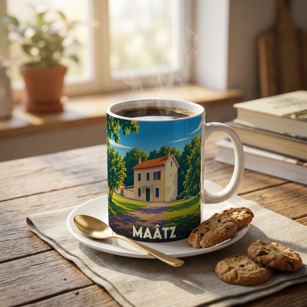 Mug souvenir de la ville de Maâtz avec une illustration stylisée d'une maison de campagne.