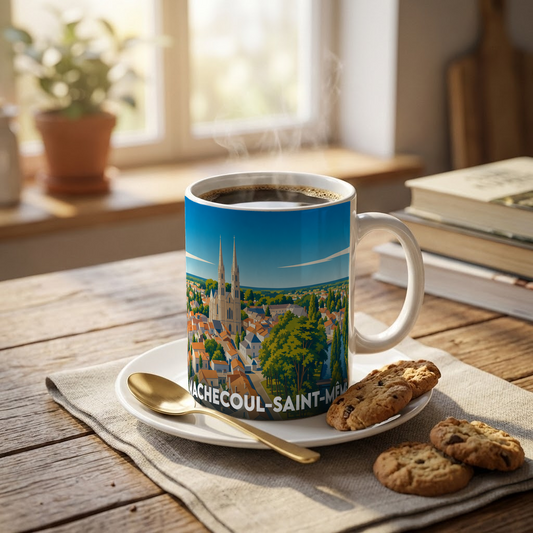 Mug souvenir de la commune de Machecoul-Saint-Même orné d'une illustration stylisée de son église et de ses toits.