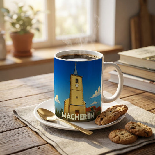 Mug souvenir de la ville de Macheren orné d'une illustration stylisée de son église.
