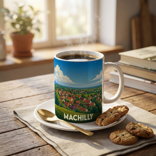 Mug souvenir de la ville de Machilly avec une illustration stylisée d'un paysage urbain champêtre.