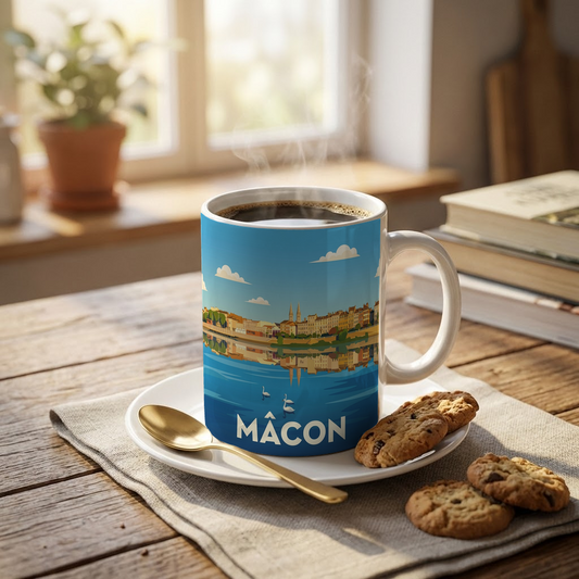 Mug souvenir de la ville de Mâcon avec une illustration stylisée.
