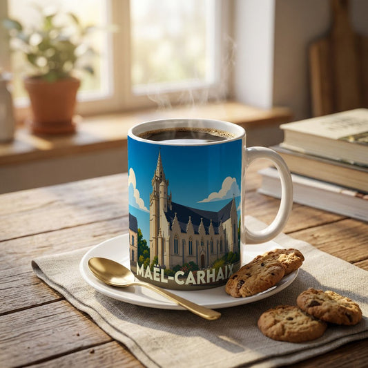 Mug souvenir de la ville de Maël-Carhaix orné d'une illustration stylisée de son église.