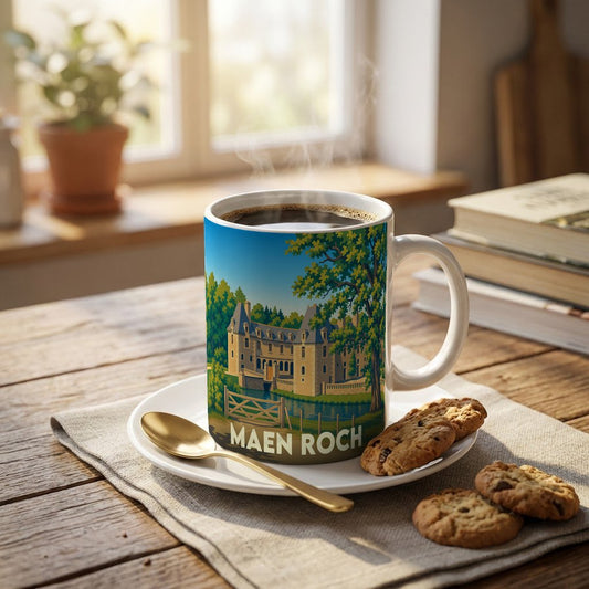 Mug souvenir de la ville de Maen Roch avec une illustration stylisée représentant un château au bord de l'eau.