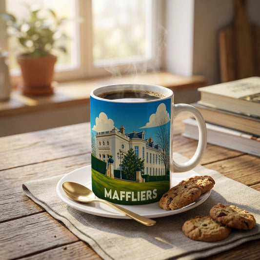Mug souvenir de la ville de Maffliers orné d'une illustration stylisée d'un château sous un ciel bleu.