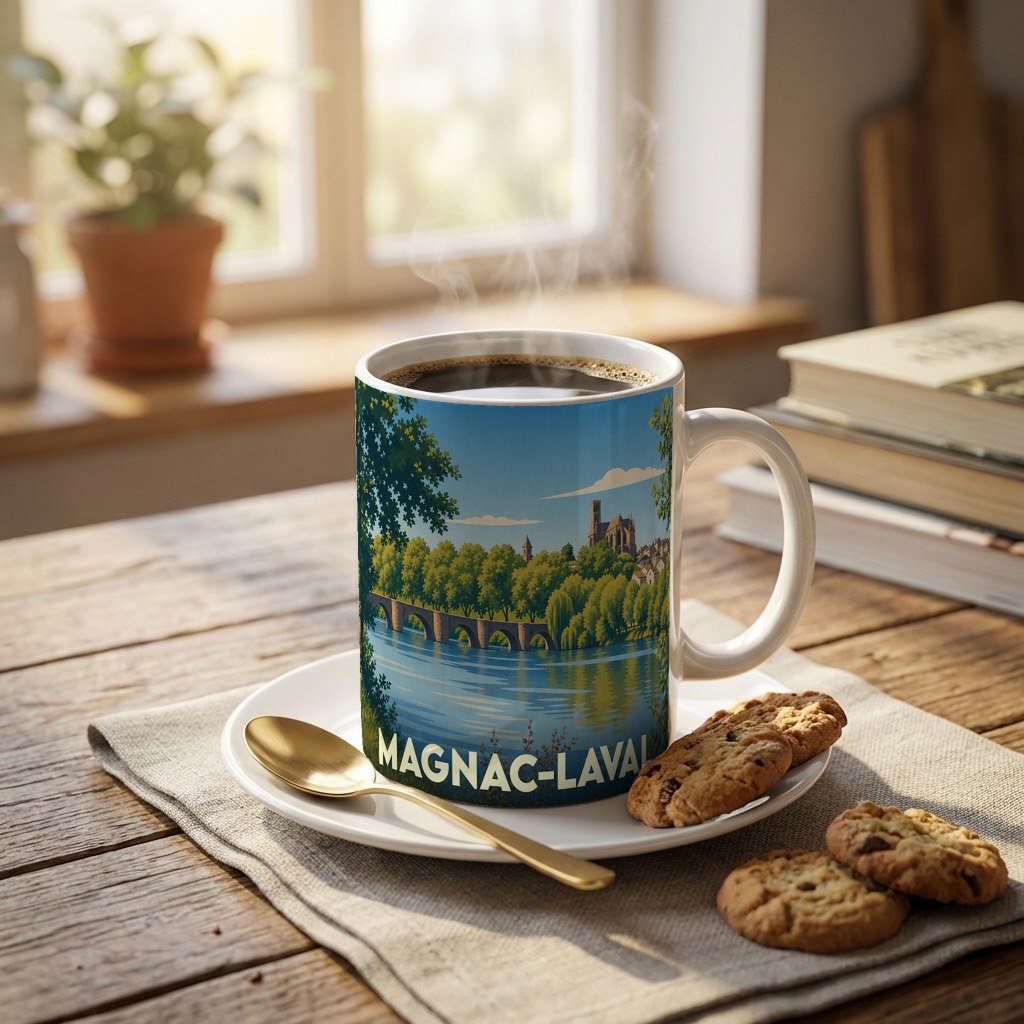 Mug souvenir de la ville de Magnac-Laval avec une illustration stylisée d'un pont et d'une église au bord de l'eau.