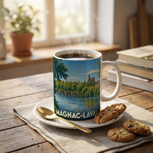 Mug souvenir de la ville de Magnac-Laval avec une illustration stylisée d'un pont et d'une église au bord de l'eau.