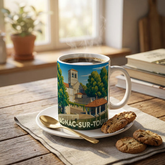 Mug souvenir de la ville de Magnac-sur-Touvre avec une illustration stylisée.