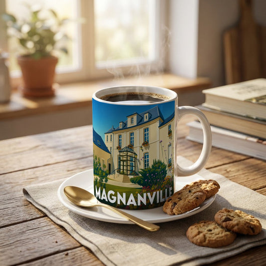 Mug souvenir de la ville de Magnanville illustré d'un bâtiment de style classique entouré de jardins.