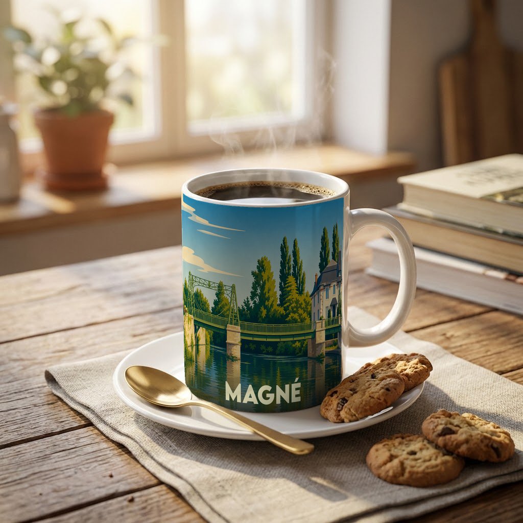 Mug souvenir de la ville de Magné orné d'une illustration stylisée de son pont métallique et de ses bords de Sèvre.
