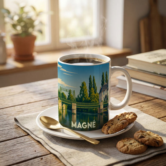 Mug souvenir de la ville de Magné orné d'une illustration stylisée de son pont métallique et de ses bords de Sèvre.