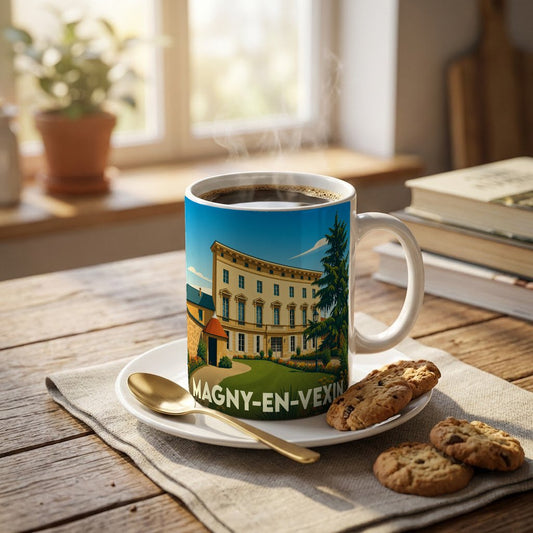 Mug souvenir de la ville de Magny-en-Vexin avec une illustration stylisée de son architecture.