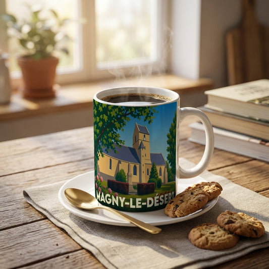 Mug souvenir de la ville de Magny-le-Désert avec une illustration stylisée de son église.