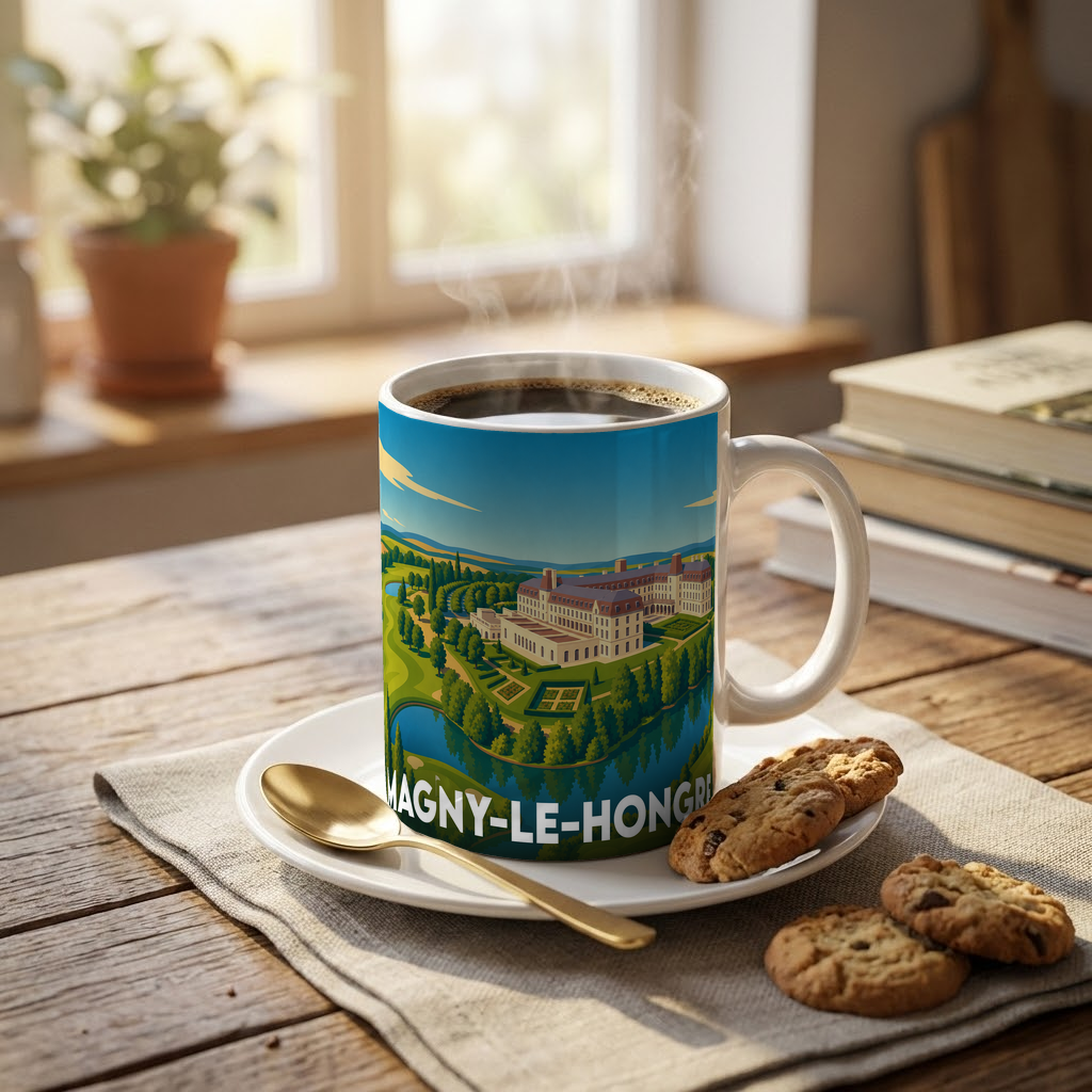 Mug souvenir de la ville de Magny-le-Hongre avec une illustration stylisée d'un domaine verdoyant.