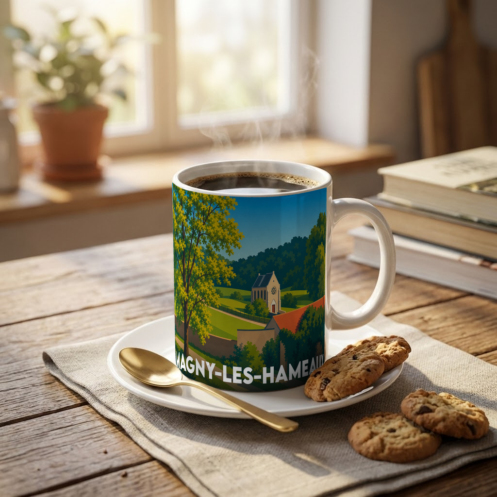 Mug souvenir de la ville de Magny-les-Hameaux orné d'une illustration bucolique stylisée.
