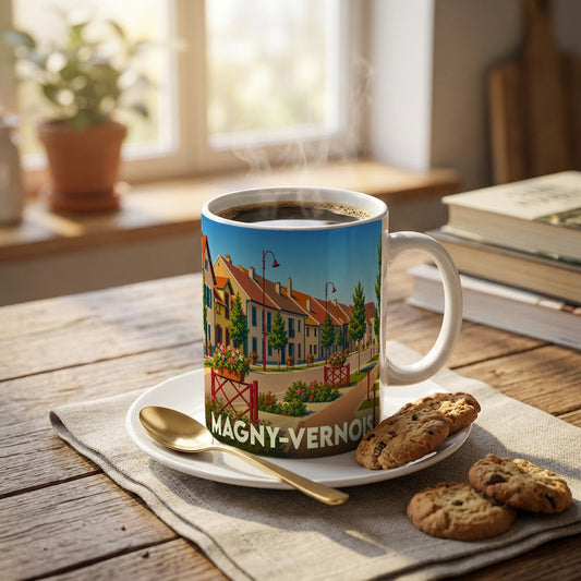 Mug souvenir de la ville de Magny-Vernois avec une illustration stylisée d'un paysage urbain fleuri.