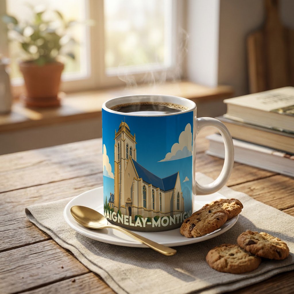 Mug souvenir de la ville de Maignelay-Montigny avec une illustration stylisée d'une église sous un ciel bleu.