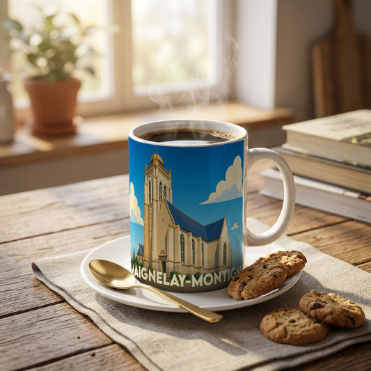 Mug souvenir de la ville de Maignelay-Montigny avec une illustration stylisée d'une église.