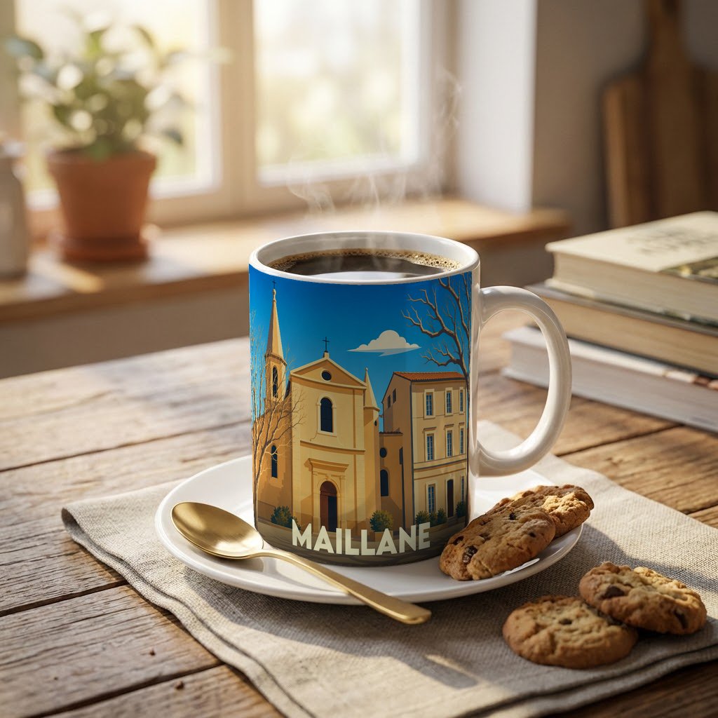 Mug souvenir de la ville de Maillane avec une illustration stylisée de son église.