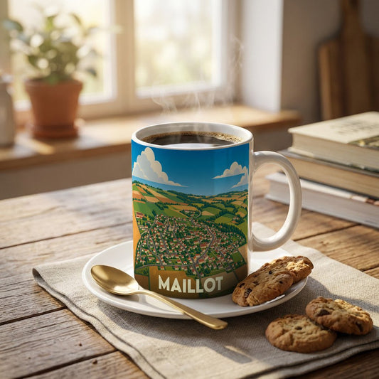 Mug souvenir de la ville de Maillot orné d'une illustration panoramique et stylisée du village.