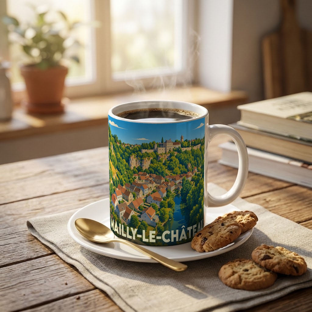 Mug souvenir de la ville de Mailly-le-Château orné d'une illustration panoramique colorée.