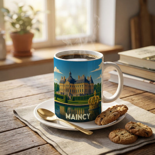 Mug souvenir de la ville de Maincy avec une illustration stylisée du château de Vaux-le-Vicomte.