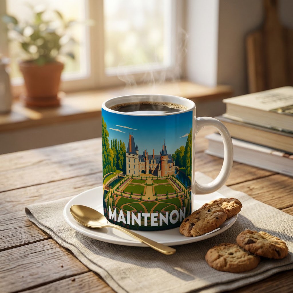 Mug souvenir de la ville de Maintenon avec une illustration stylisée de son château.