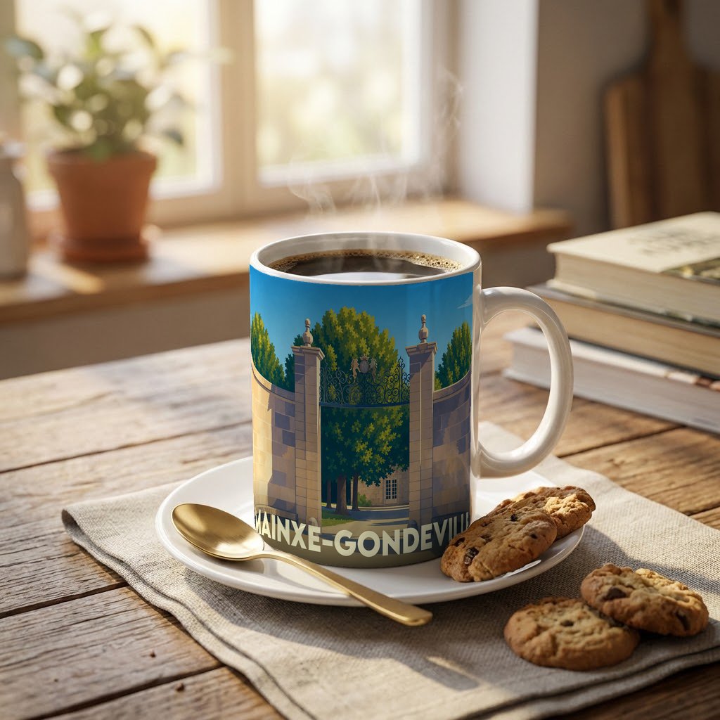 Mug souvenir de la commune de Mainxe-Gondeville avec une illustration stylisée d'un portail majestueux.