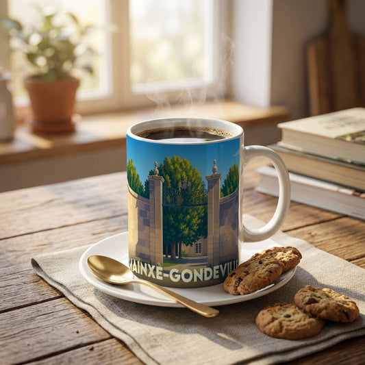 Mug souvenir de la commune de Mainxe-Gondeville avec une illustration stylisée d'un portail majestueux.